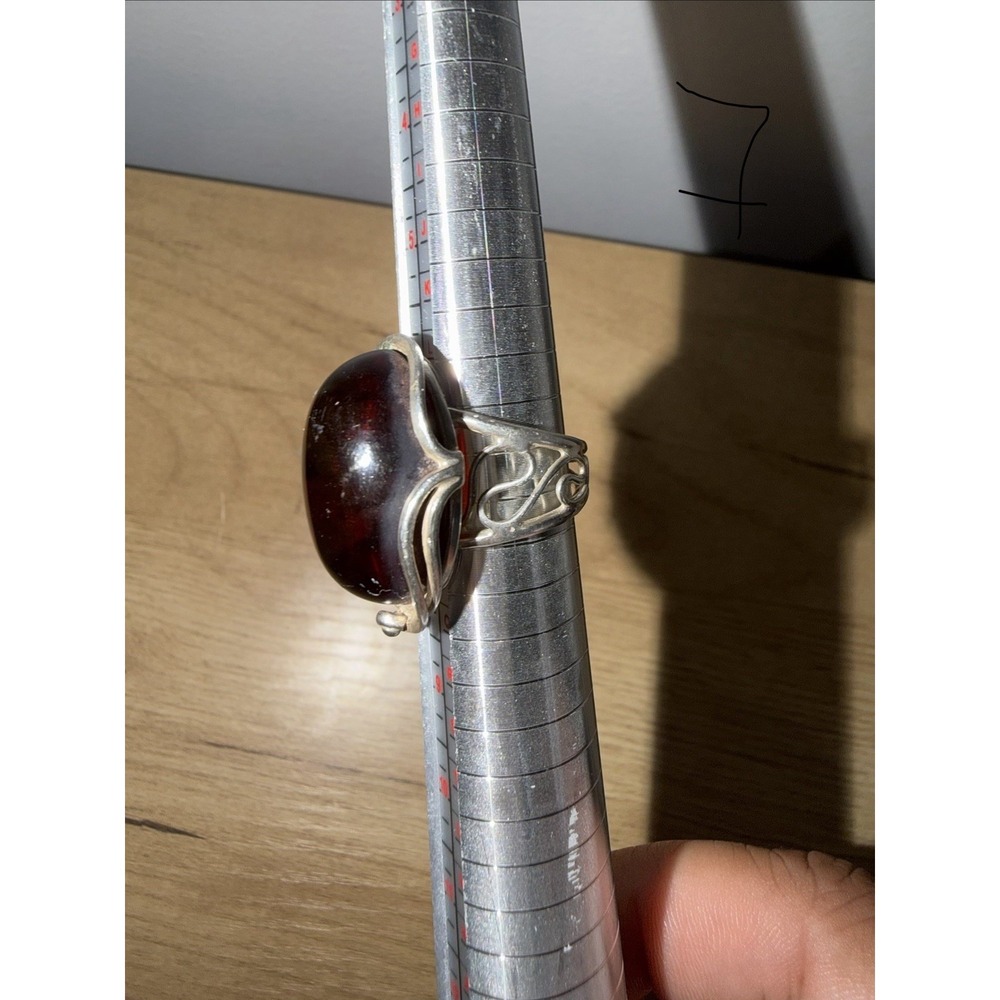 Vintage Victorian Sterling Silver‎ 925 Genuine Amber Sz 7 Adjustable